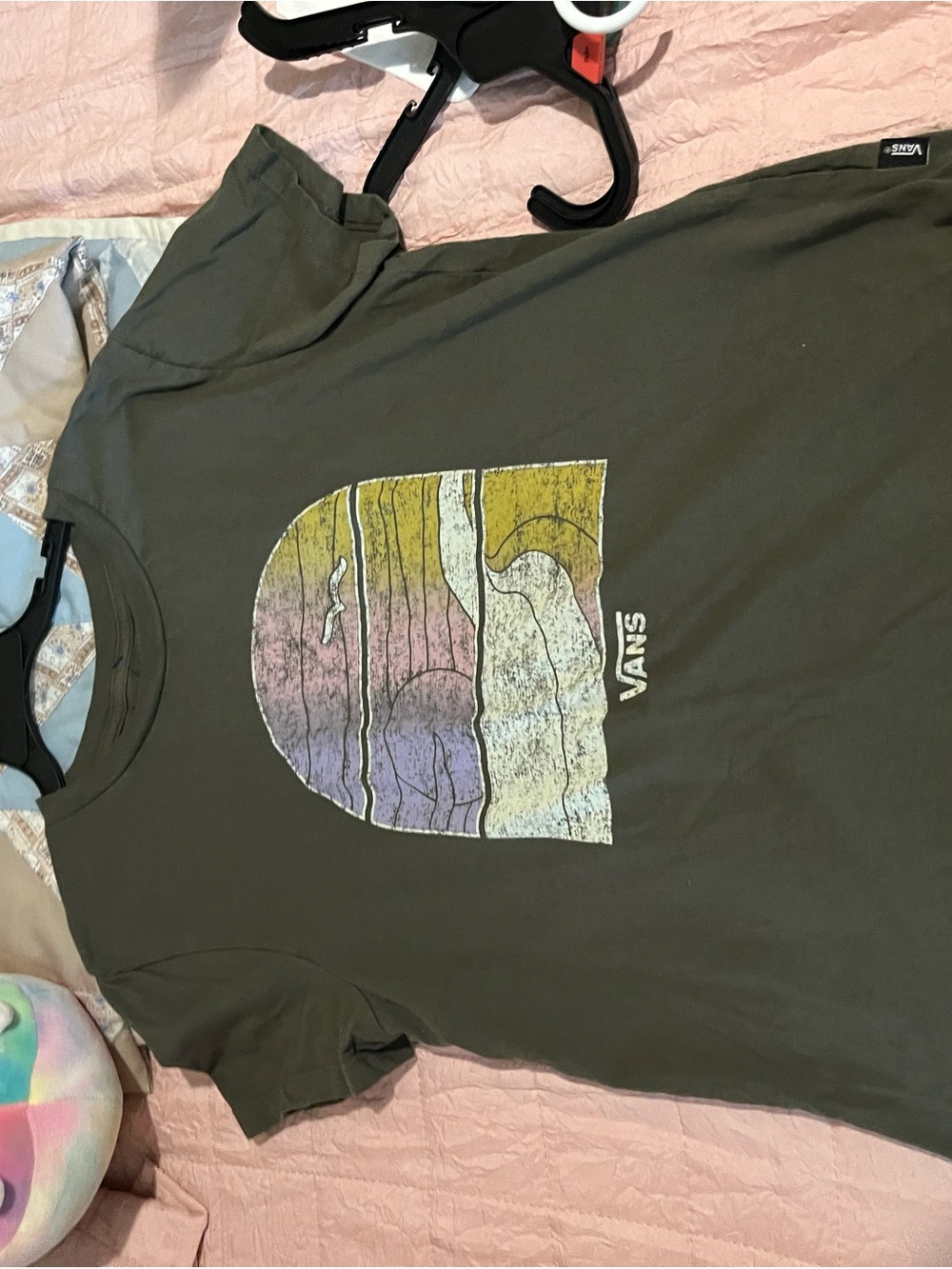 Vans Olive Green Tee with Multicolor Sunset Graphic